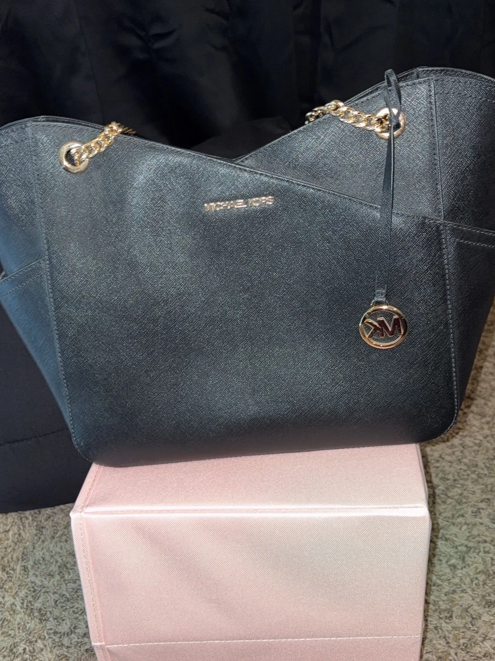 Michael Kors Black Saffiano Tote with Gold Chain Accent